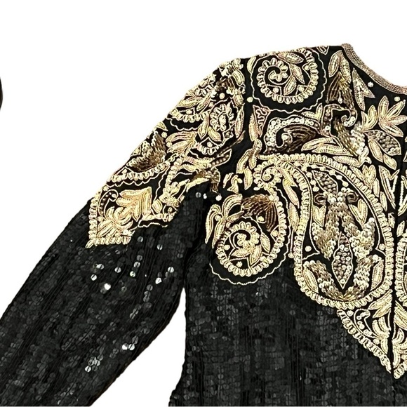 Cache vintage 100% silk black and gold long sleeve fully sequins and beaded gown - Picture 10 of 16